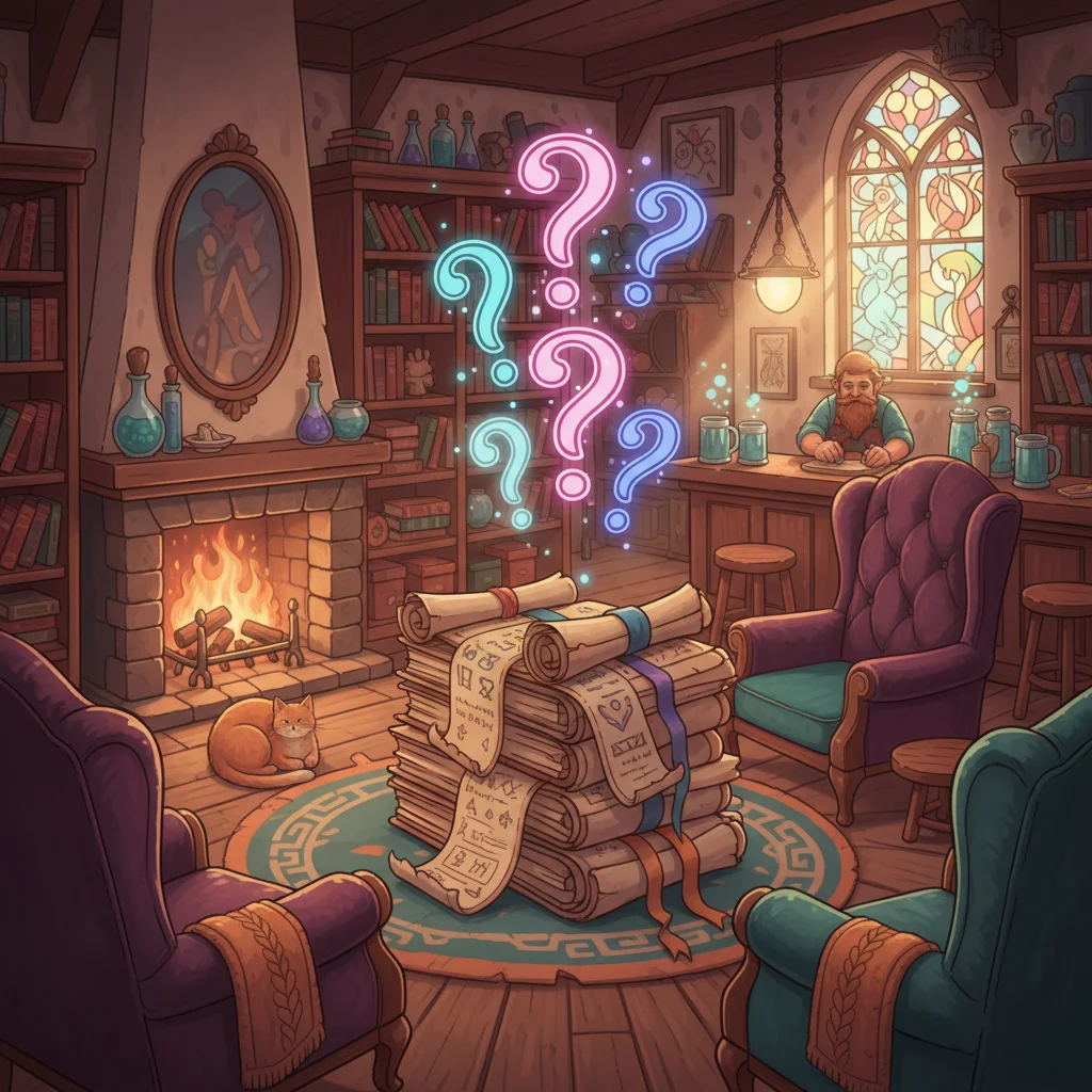Magische fantasy FAQ-scène met scrollen en gloeiende symbolen