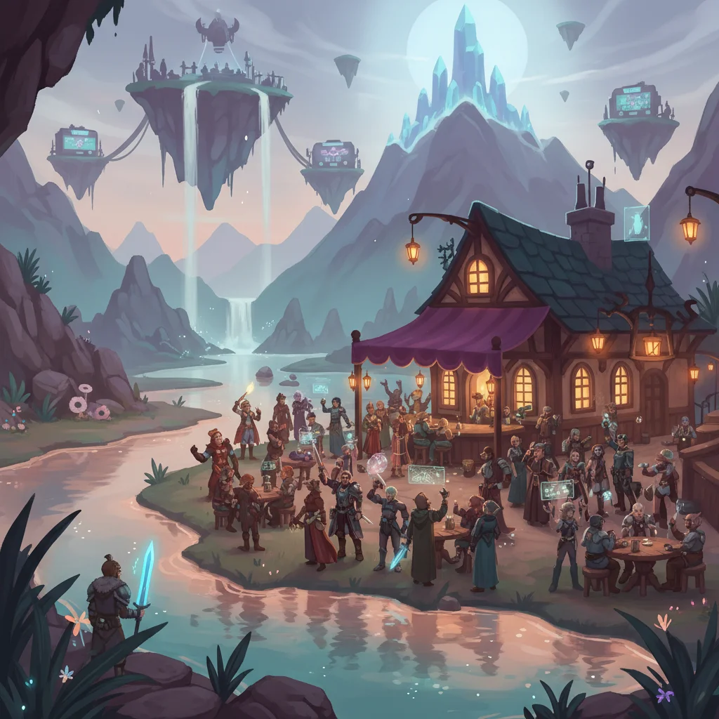 Fantasy social gaming hub met avonturiers in een magische wereld